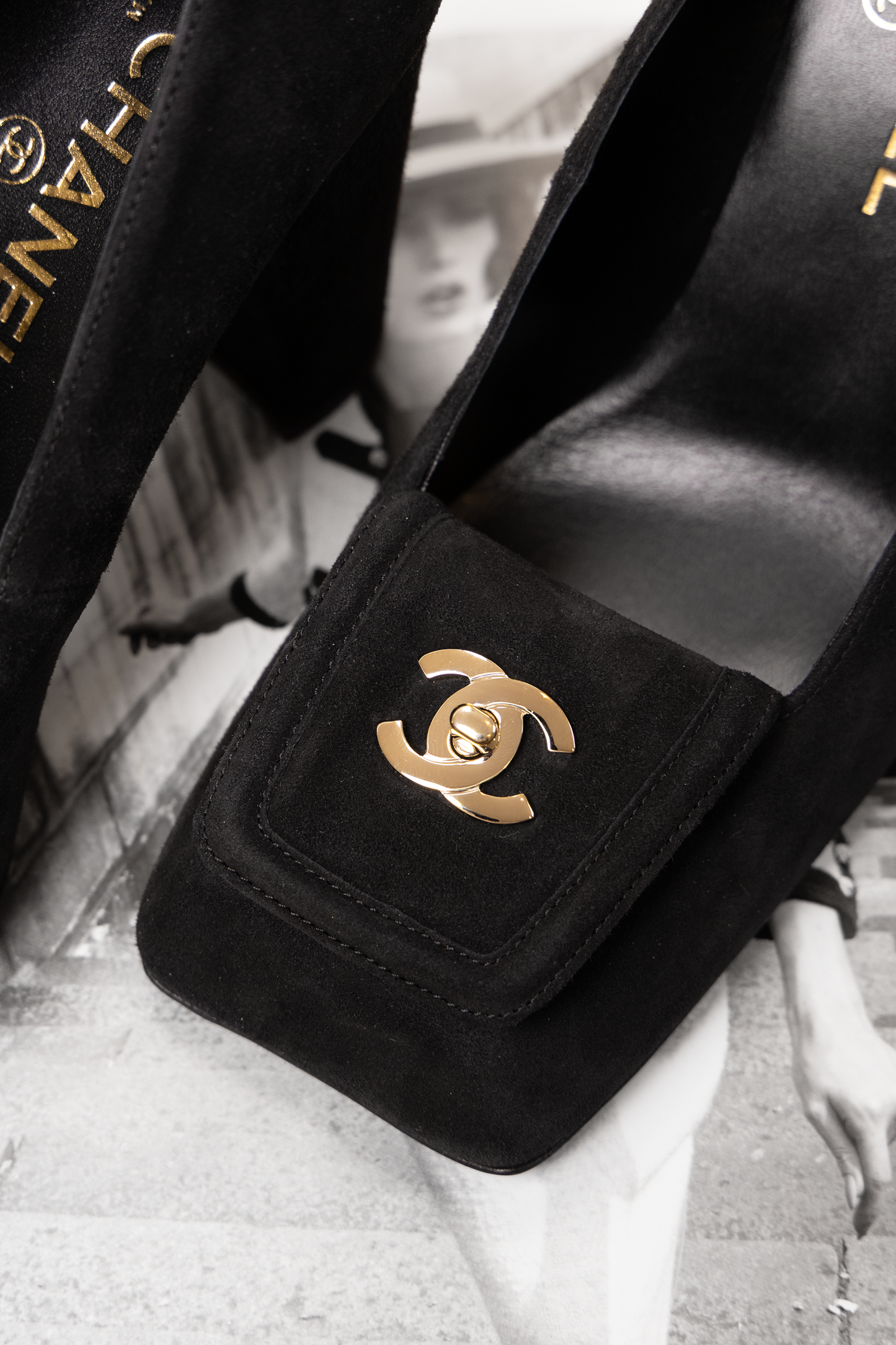 Chanel Black Suede CC Pumps