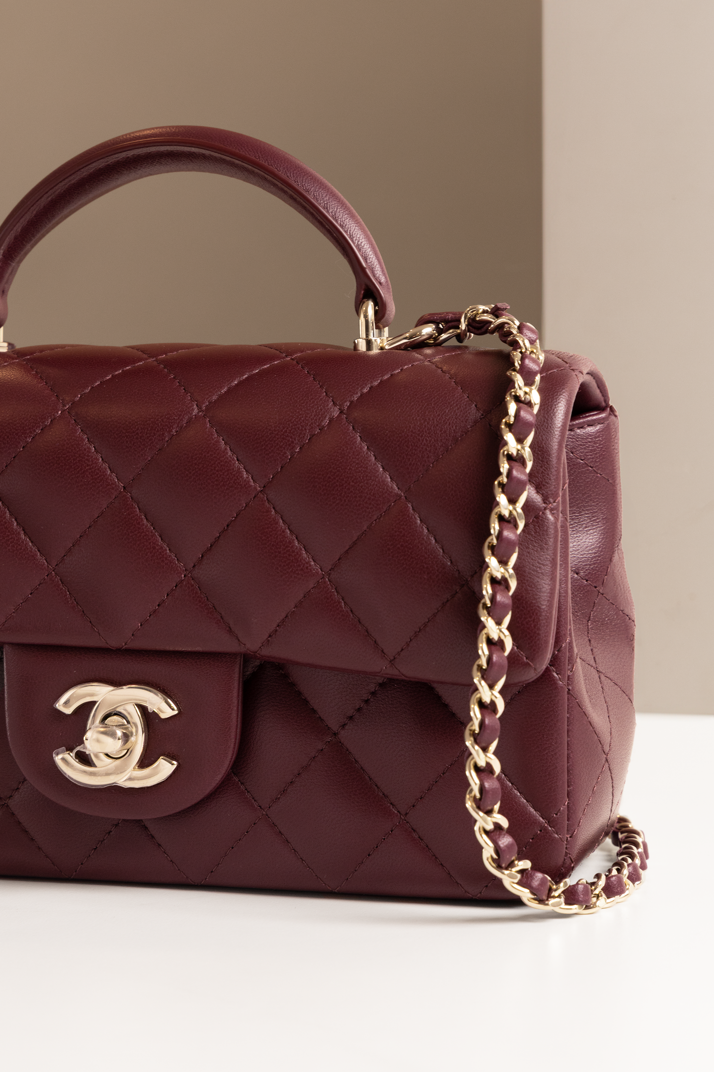 Chanel Mini Quilted Lambskin Top Handle Rectangular Flap Bag in Burgundy