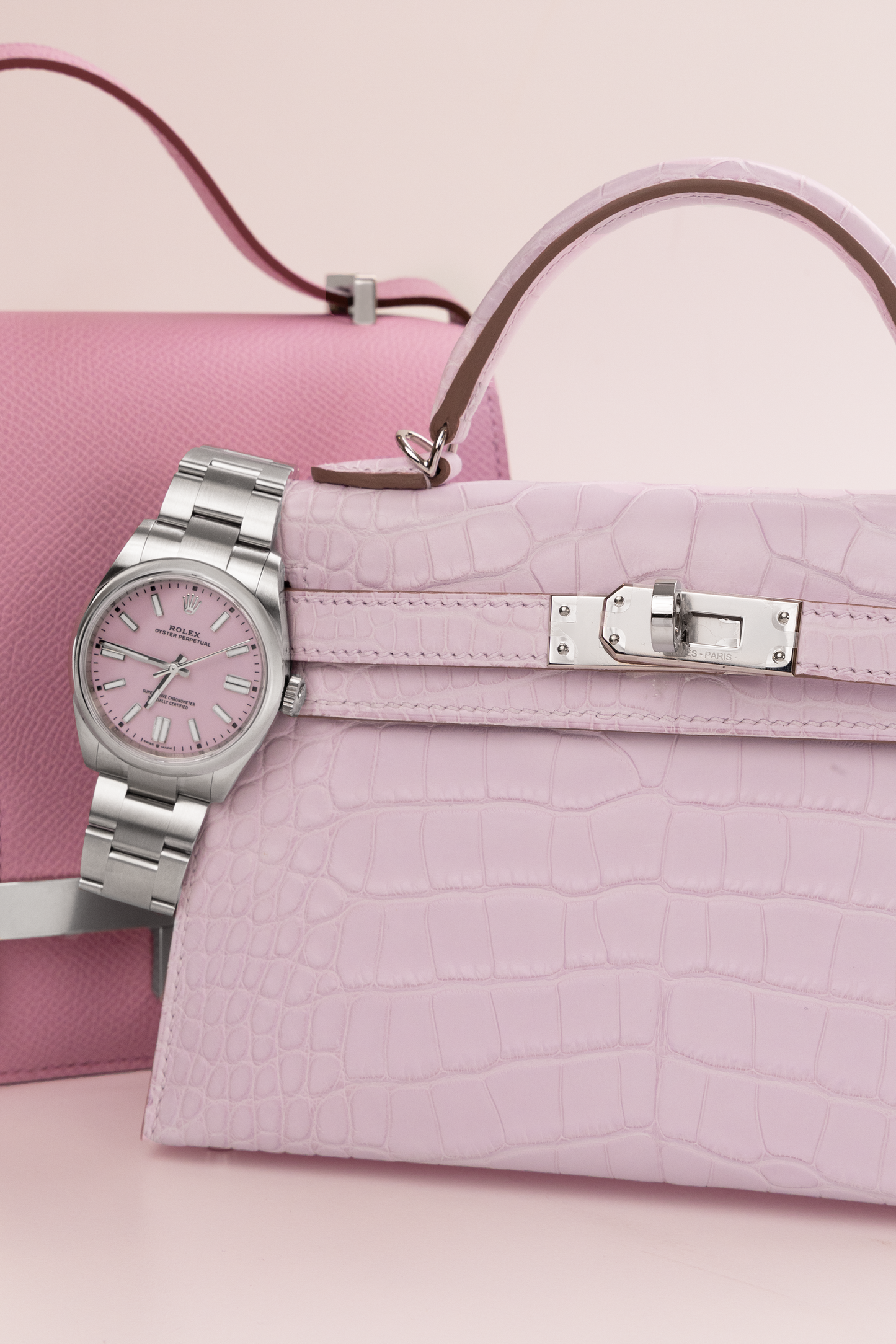 Hermès Mini Constance 18 Epsom Mauve Sylvestre PHW & Mini Kelly 20 Matte Alligator in Mauve Pale with Rolex Oyster Perpetual Pink Dial Watch