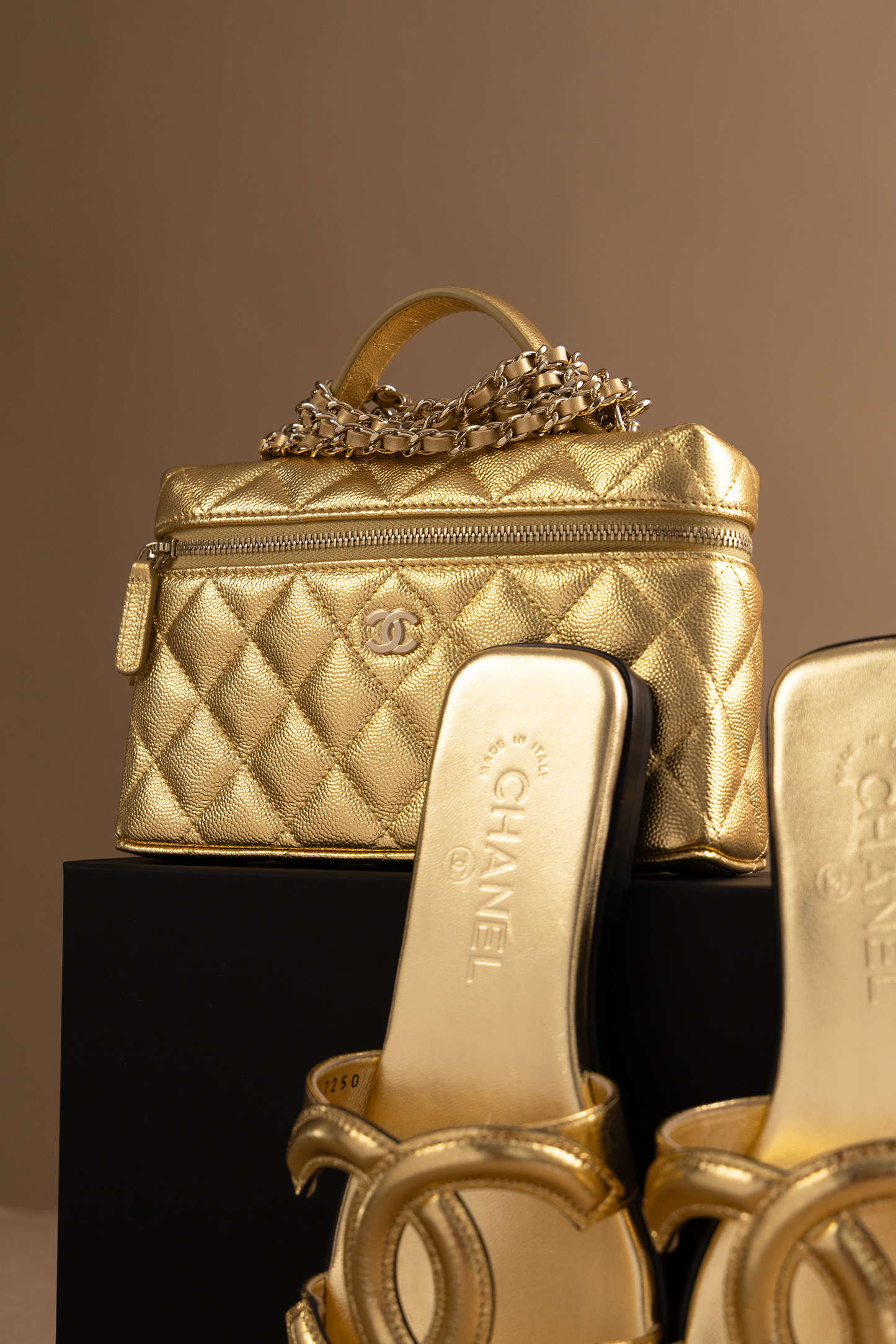Chanel Gold Metallic Vanity Case with Chain & CC Mules