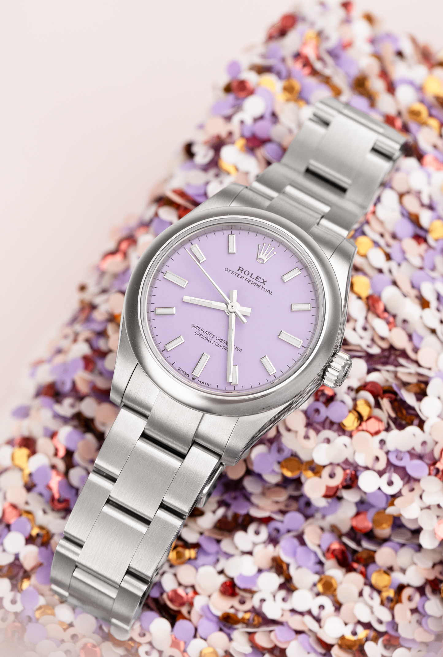 Chanel Mini Sequin Flap Bag in Pink Multicolor with Rolex Oyster Perpetual Watch in Oystersteel & Lavendar Dial