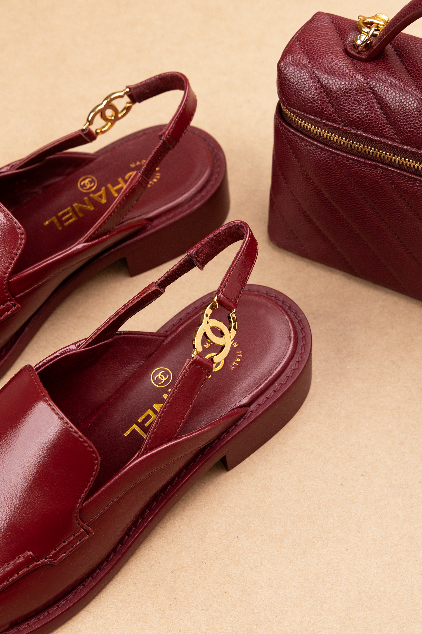 Chanel Vanity Case with Chain & Leather Slingbacks in Burgundy