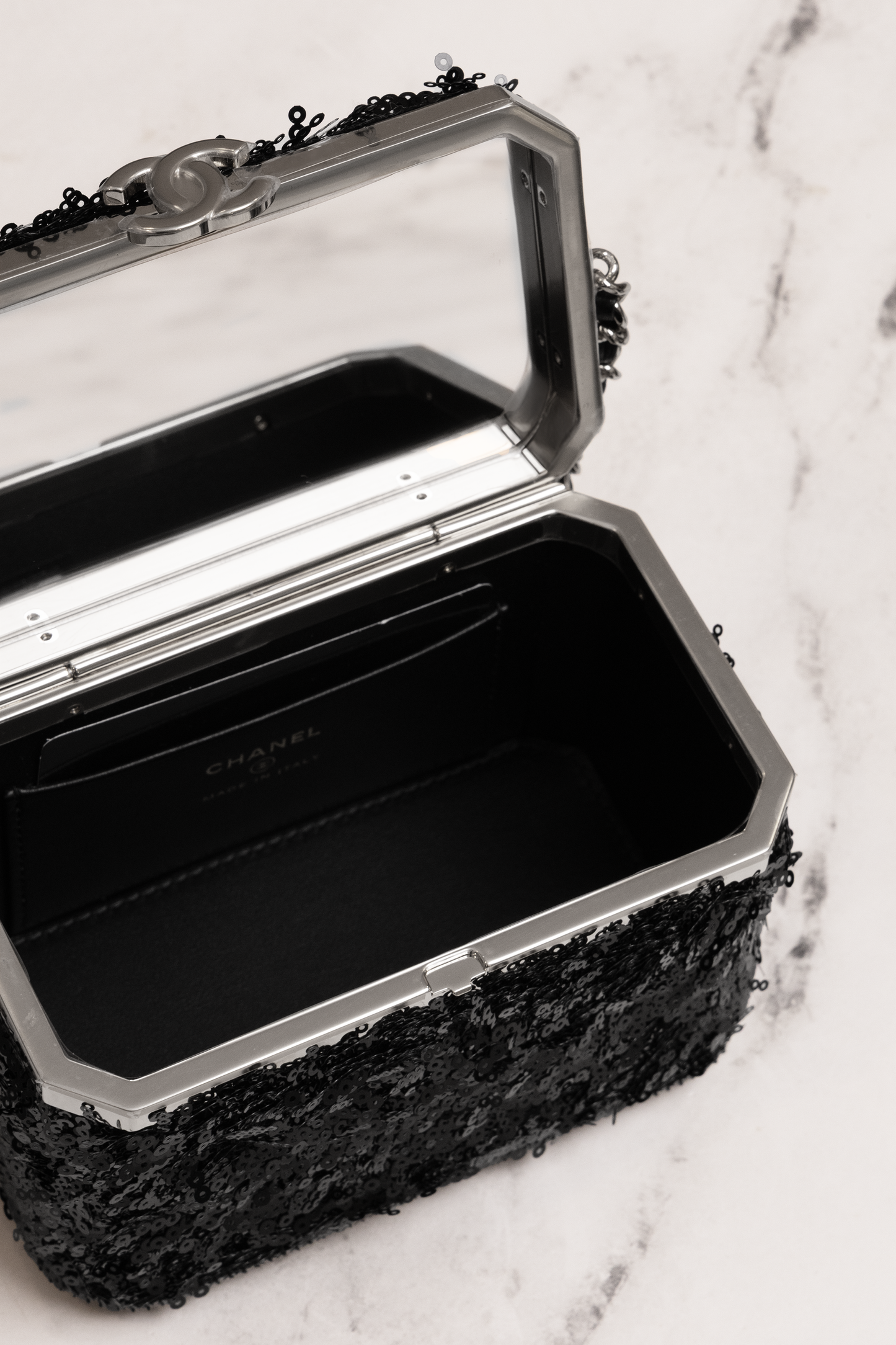 Chanel Black Sequins & Gold-Tone Metal Vanity with Chain & Black Leather Sandals