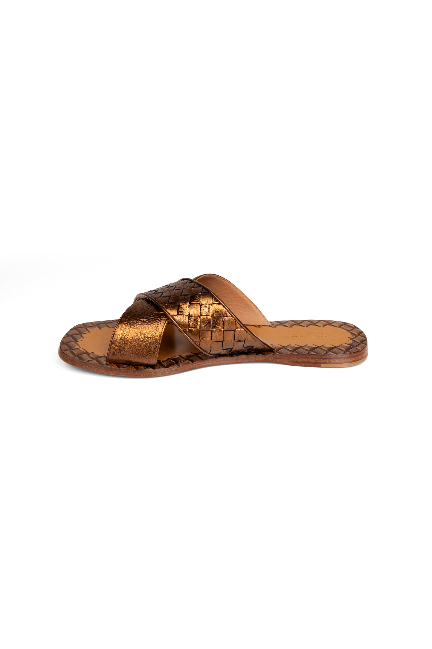 Bottega Veneta Metallic Intrecciato Criss Cross Sandals in Bronze