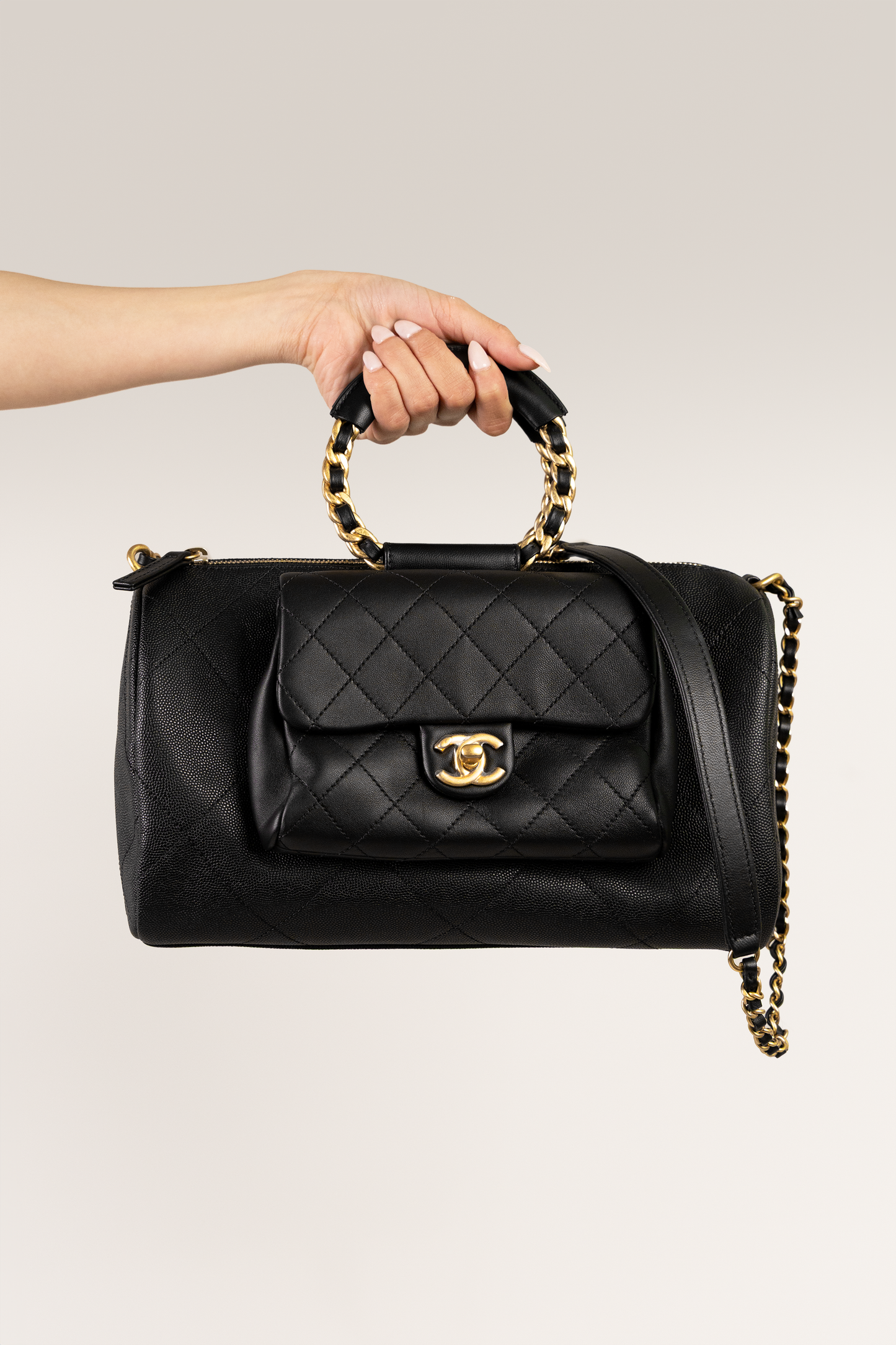 Chanel Black Bowling Bag with Chain & Top Handle