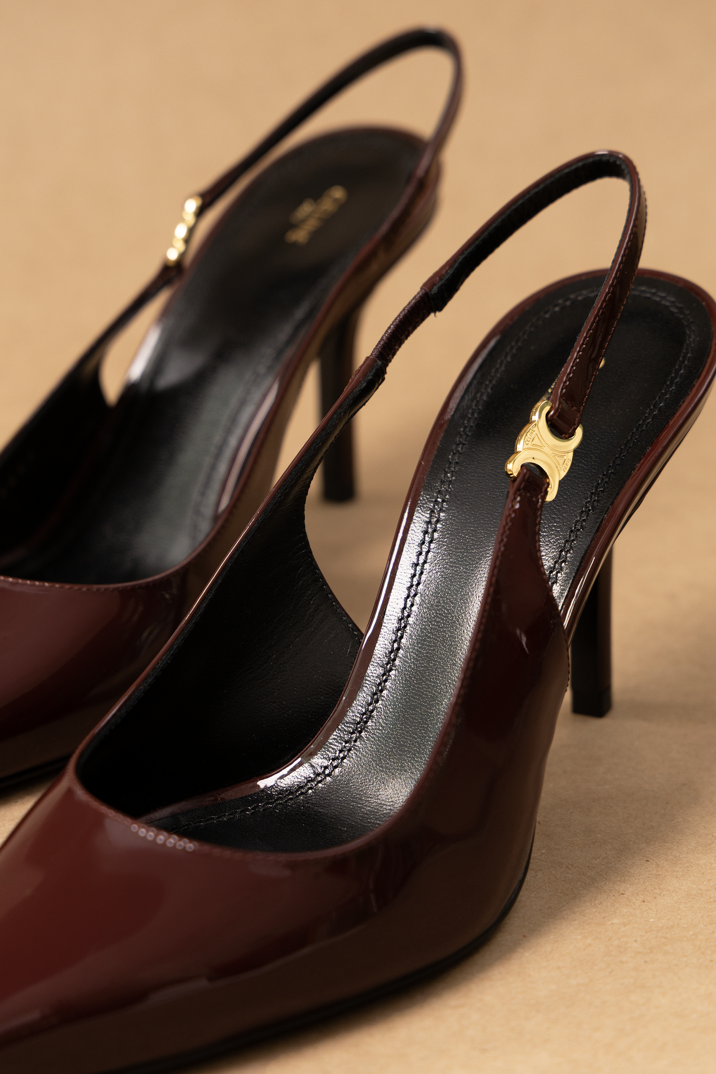 Celine Judy Triomphe Pumps in Burgundy Patent Calfskin