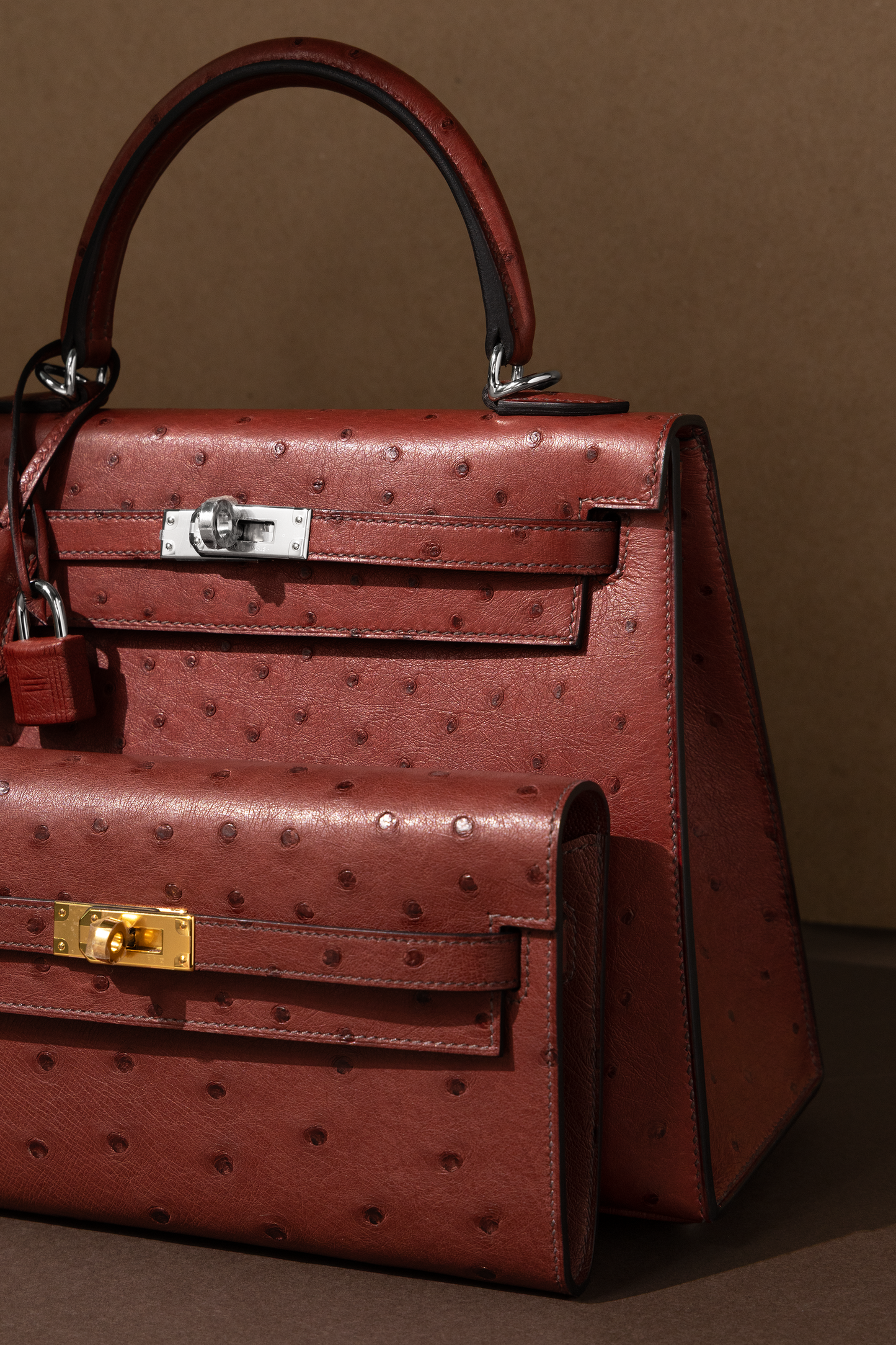 Hermès Kelly 25 & Kelly Wallet To Go in Ostrich Rouge H with PHW & GHW