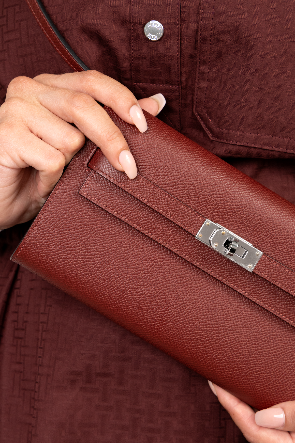 Hermès "Mosaique" short-sleeve dress in Rouge Bordeaux & Kelly Wallet To Go in Rouge H PHW