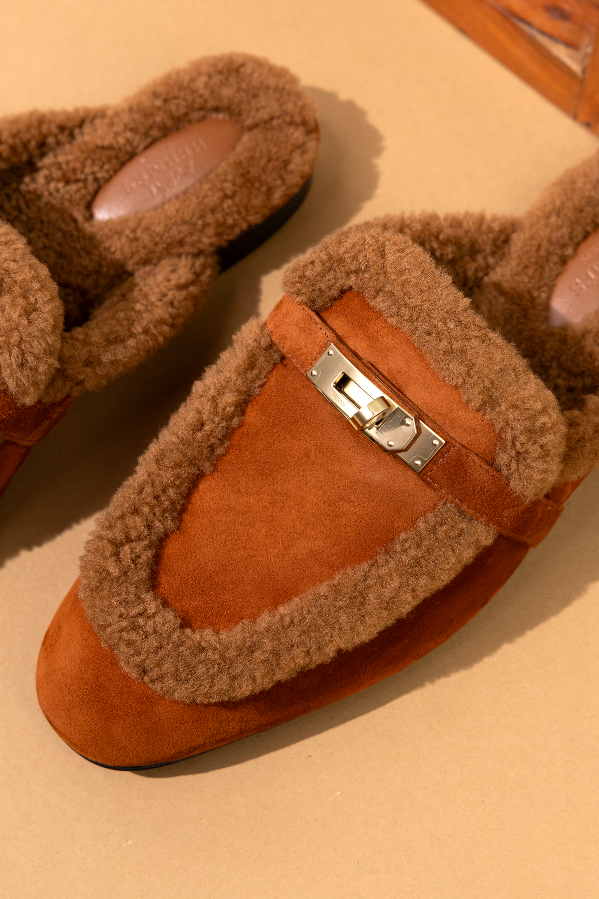 Hermès Shearling Gold Oz Mules GHW
