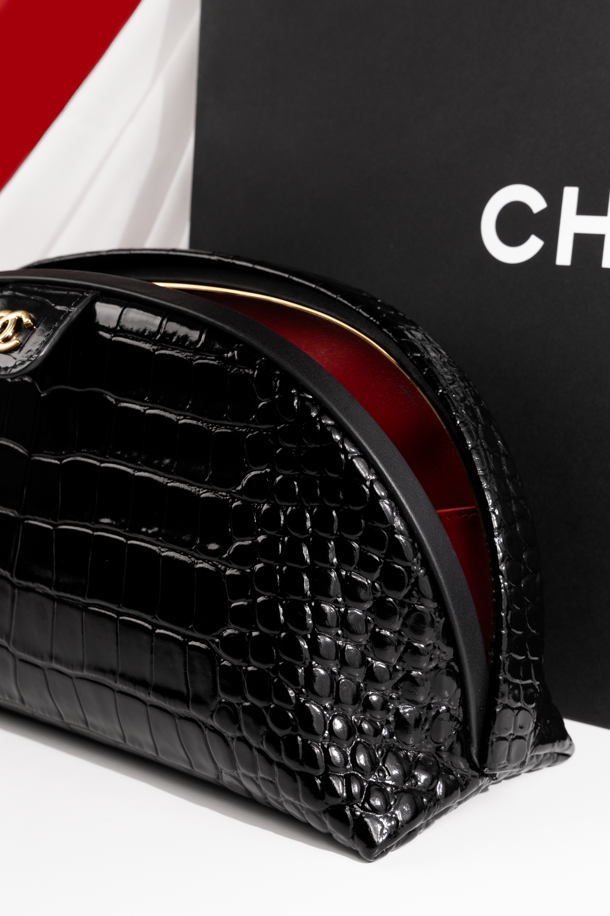 Chanel Large Crocodile Embossed Clutch in Black
