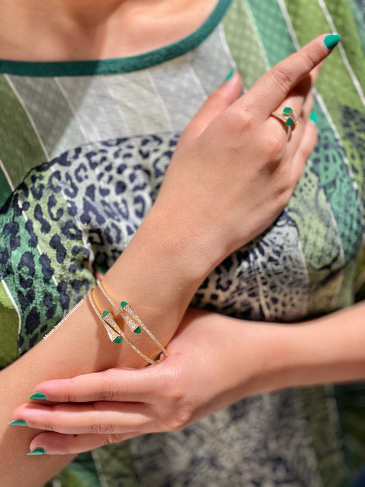 Marli Cleo Bracelet, Rings, and Huggie Earrings in Gold and Green