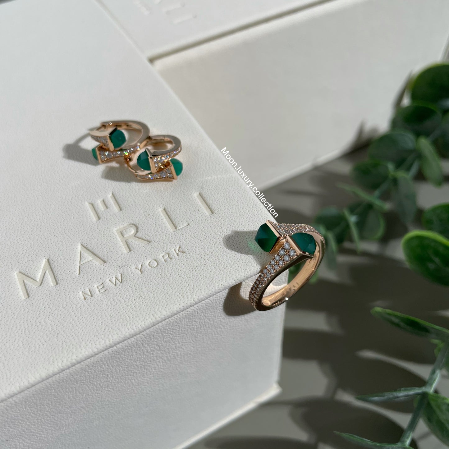 Marli Cleo Bracelet, Rings, and Huggie Earrings in Gold and Green