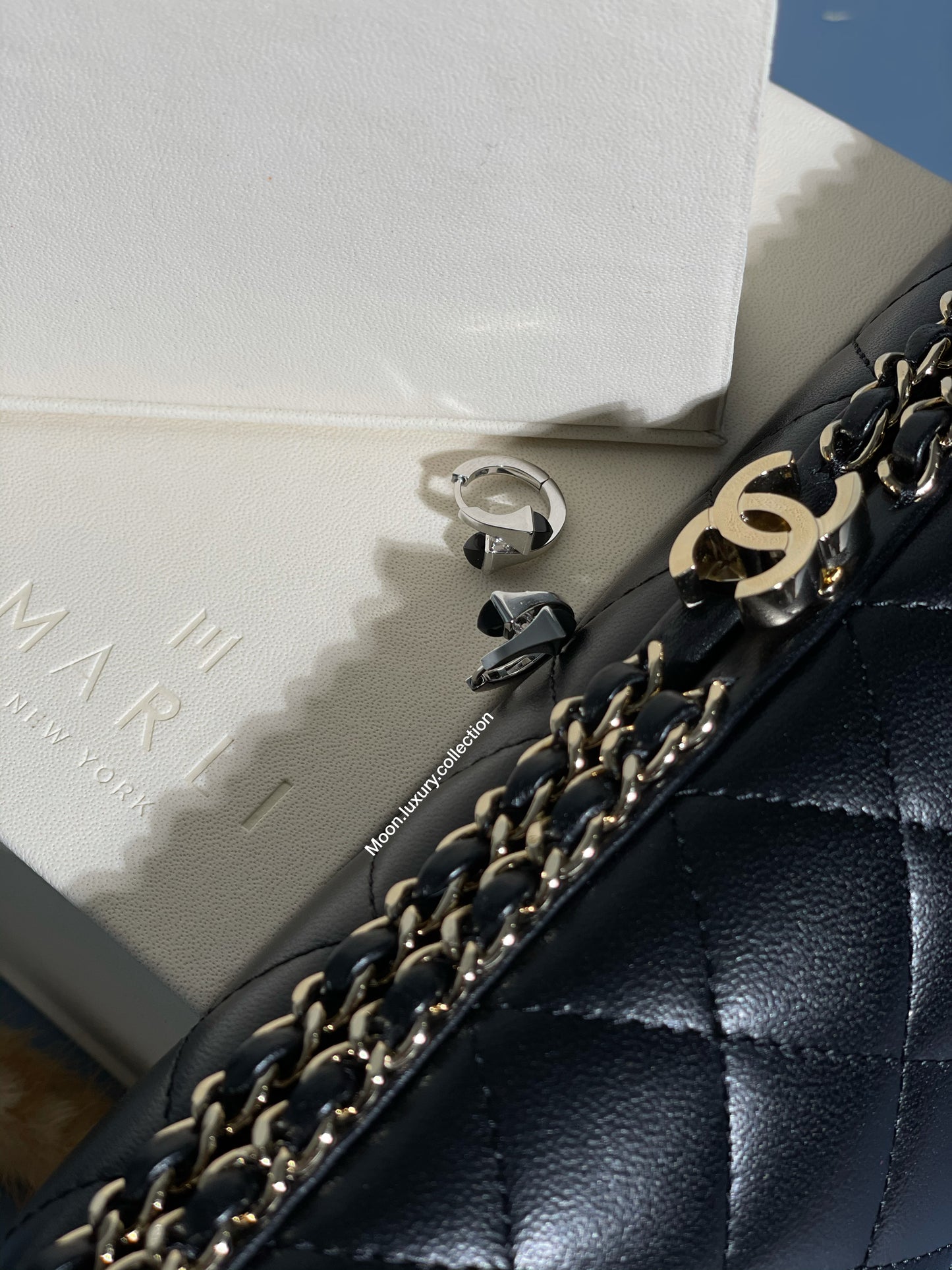 Chanel Bag with Marli Huggie Earrinigs in Onyx