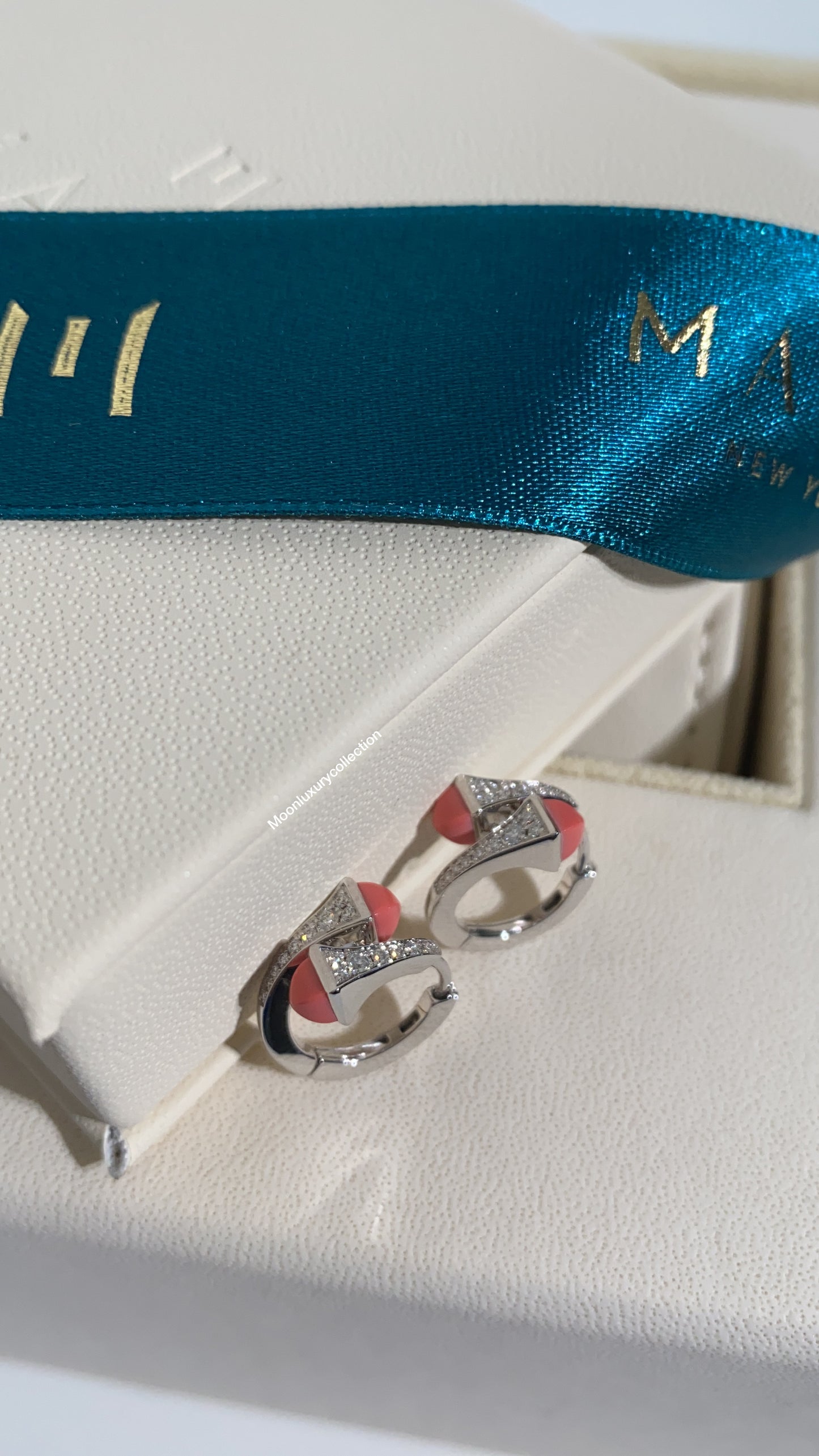 Marli Huggie Earring White Gold and Pink Coral Stone