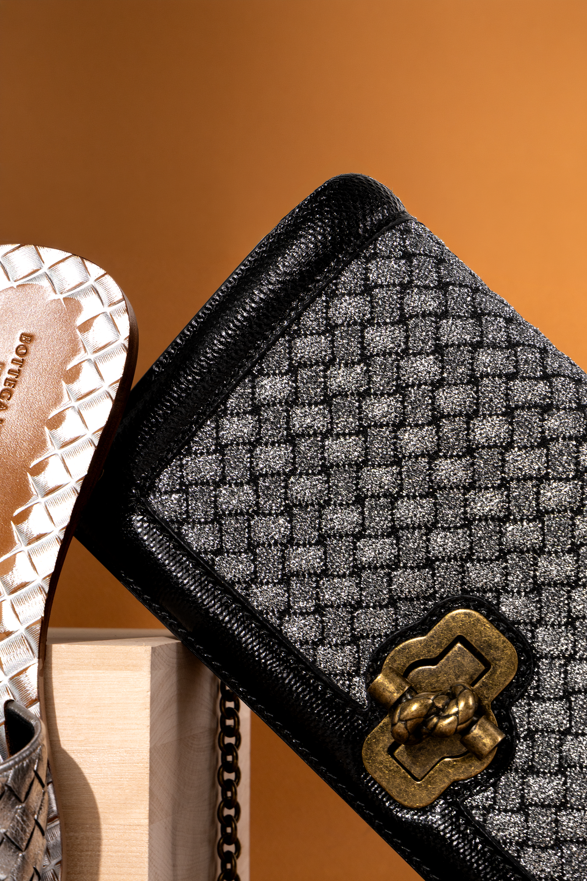 Bottega Veneta Intrecciato Olimpia Knot Clutch in Black/Grey & Silver Sandals