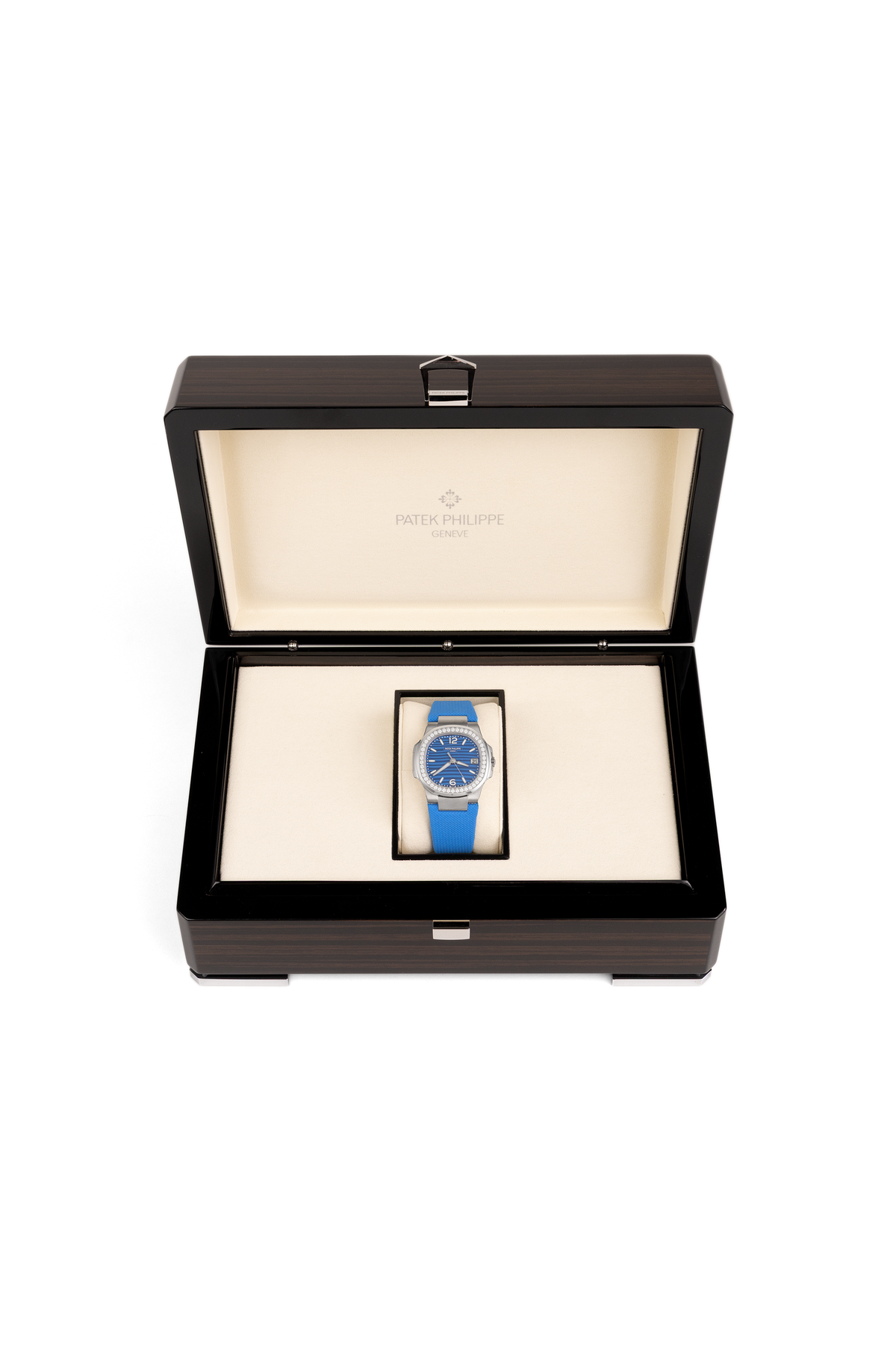 Patek Philippe Nautilus 7010G-013 in White Gold/Azure Blue Wave-Pattern Dial with a Diamond-Set Bezel