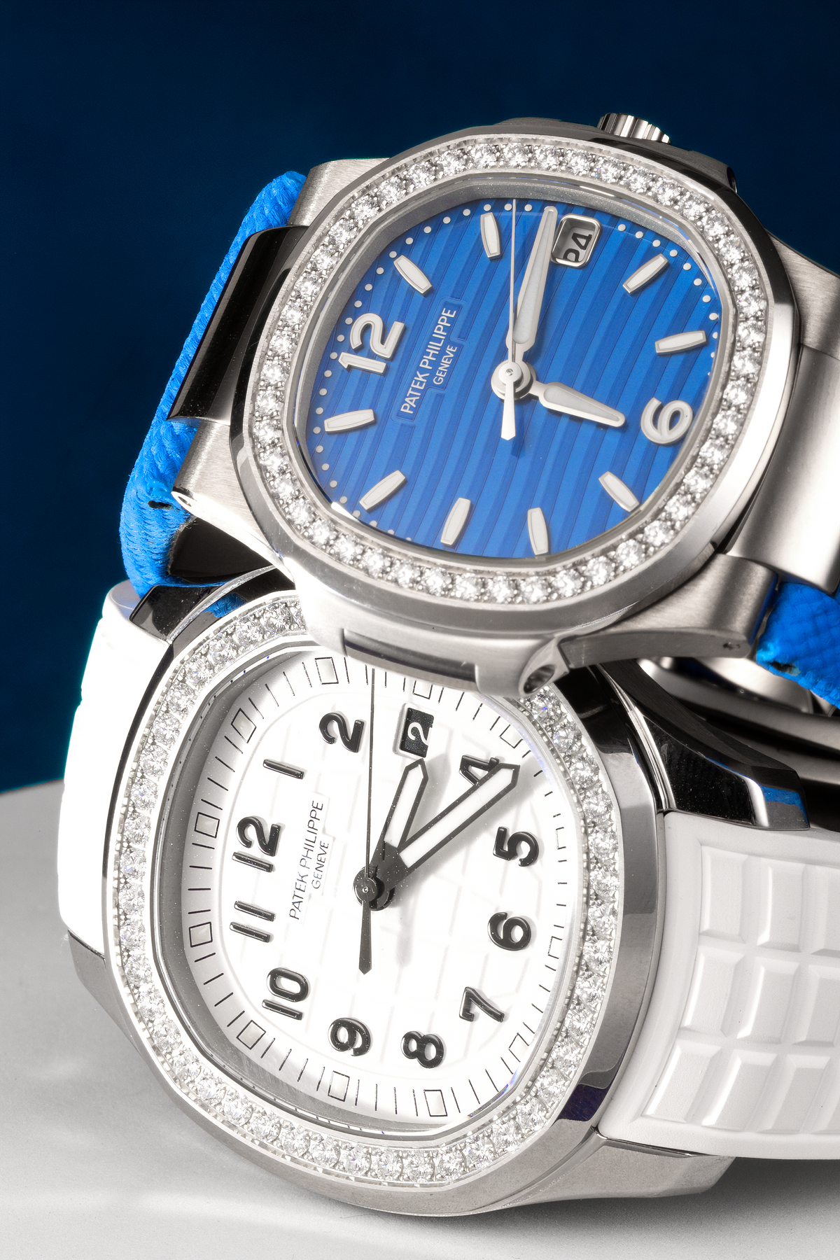 Patek Philippe Nautilus 7010G-013 in White Gold/Azure Blue Wave-Pattern Dial with a Diamond-Set Bezel & Patek Philippe Aquanaut White Watch with Diamonds