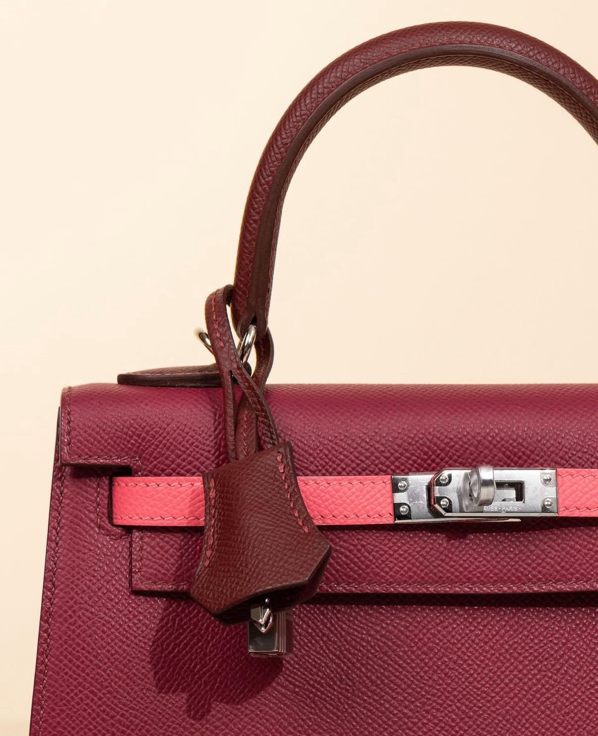 Hermès Kelly 25 Epsom Tricolor in Rouge H/Rose Azalee/Ruby PHW