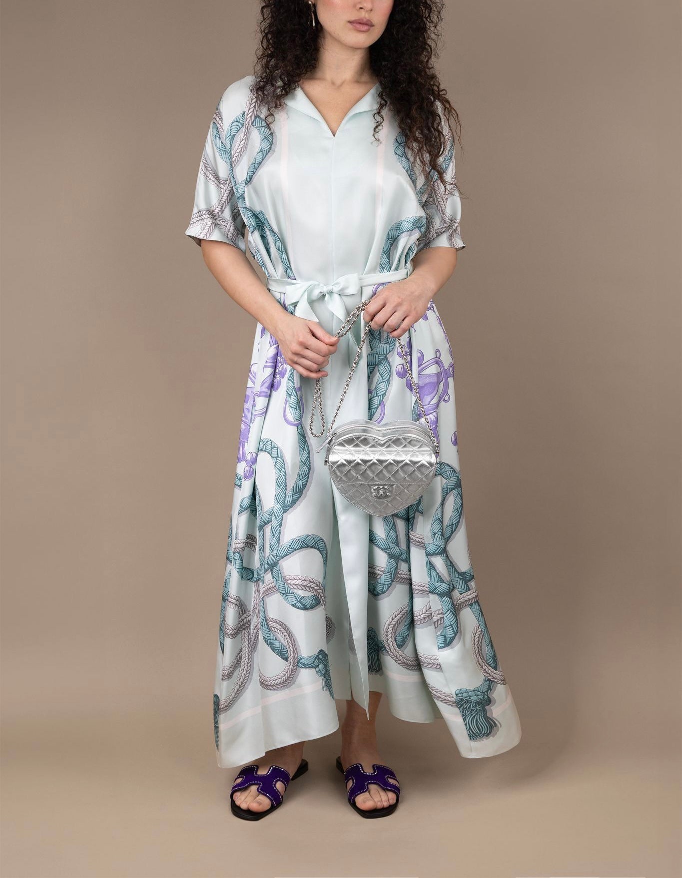Hermes "Palefroi Remix" Silk Caftan in Blanc Nacre & Chanel Metallic Silver Heart Bag