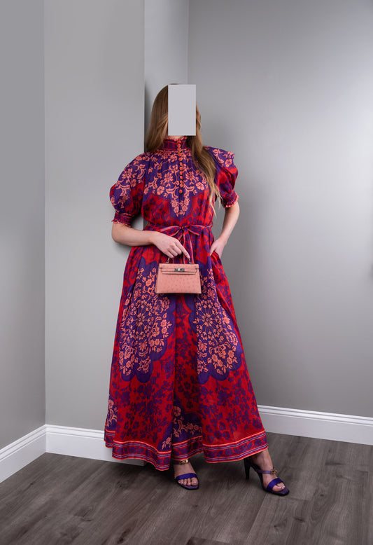 Zimmermann Raie Swing Maxi Dress with Hermès Mini Kelly Ostrich in Terre Cutie PHW