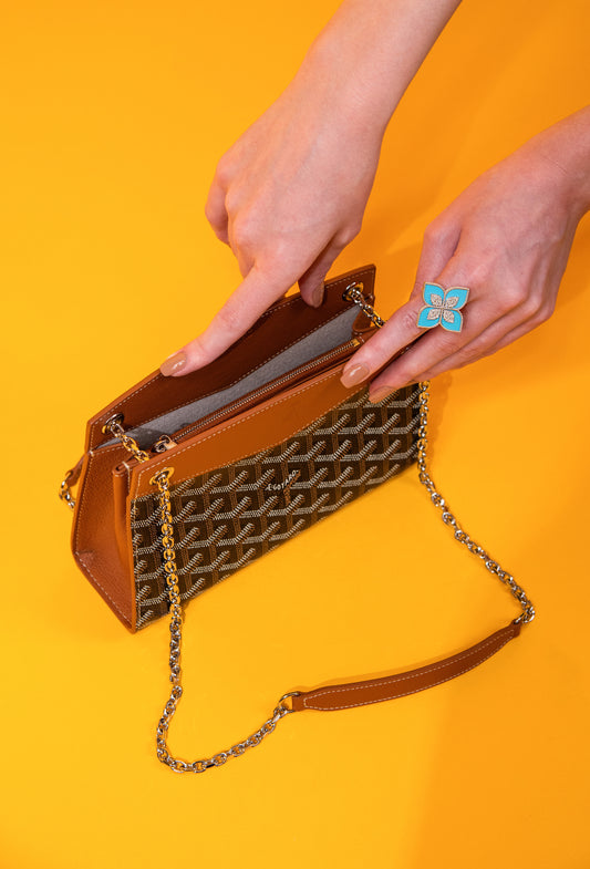 Goyard Rouette Structuré Mini Tan/Black Bag with Roberto Coin Princess Flower Turquoise Ring