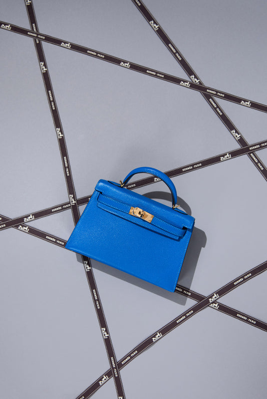 Hermès Mini Kelly Chevre Mysore in Blue Hydra GHW