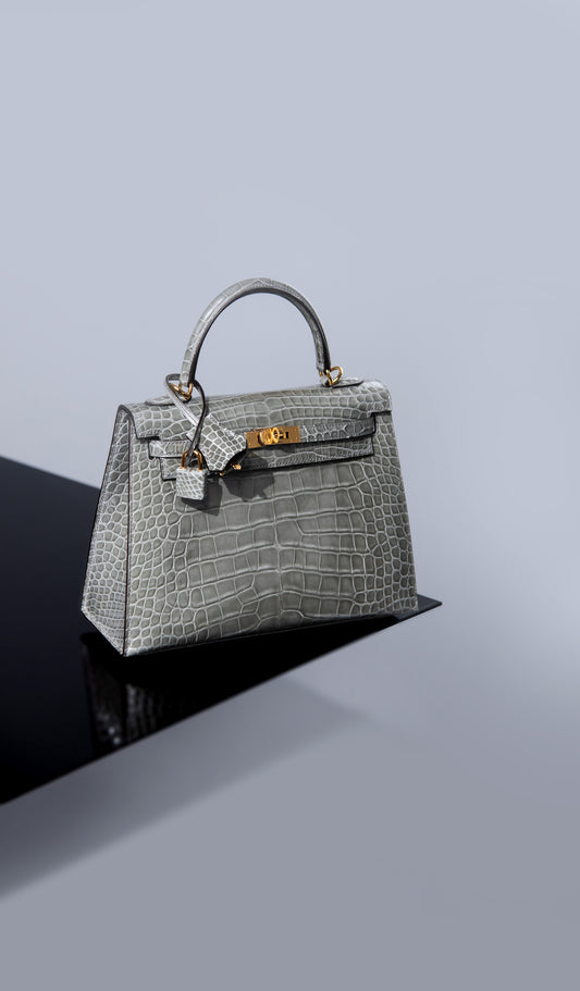 Hermès Kelly 25 Shiny Alligator in Gris Cement GHW
