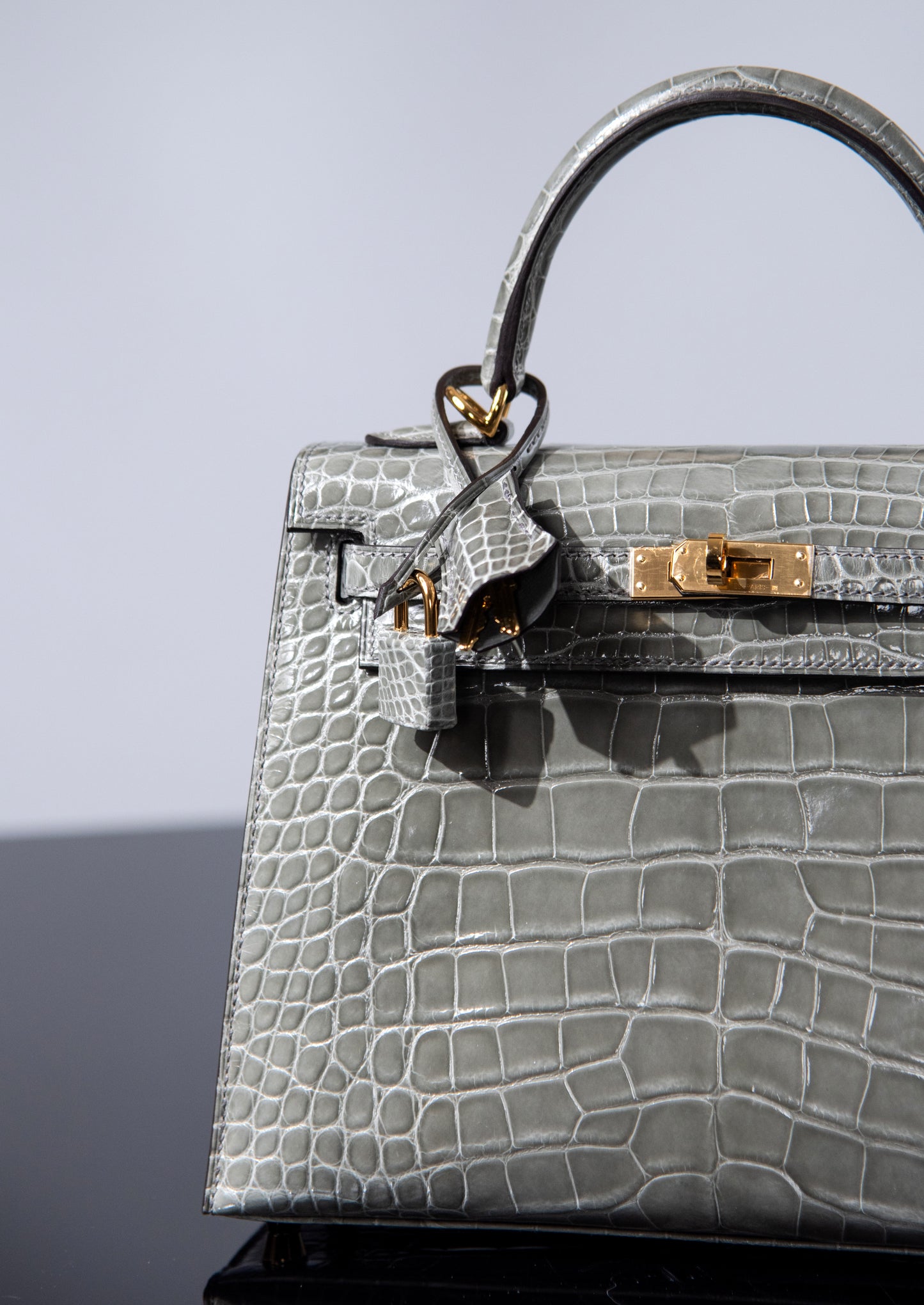Hermès Kelly 25 Shiny Alligator in Gris Cement GHW