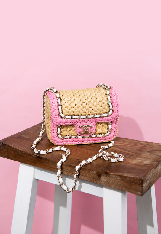 Chanel Mini Flap Bag in Braided Raffia/Pink/White