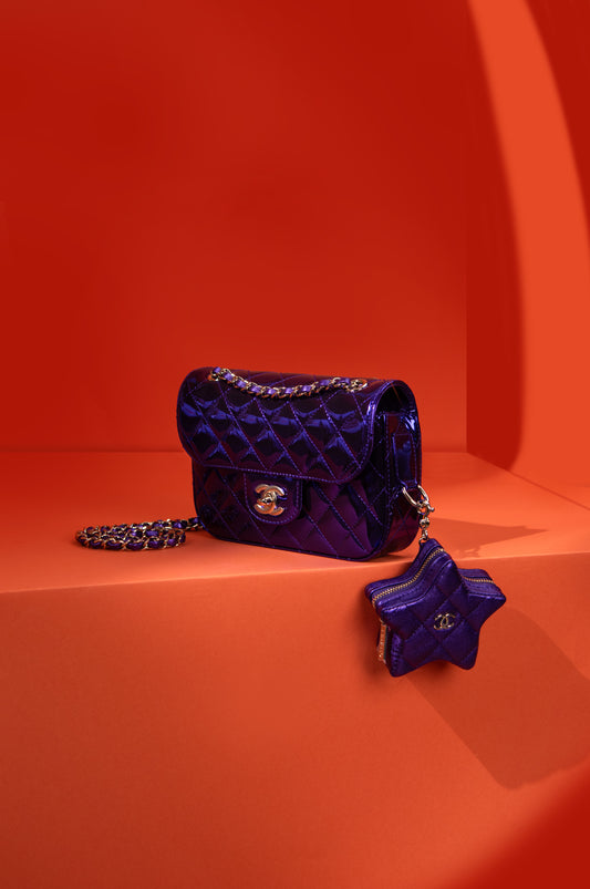 Chanel Metallic Purple Flap Bag with Star Coin Purse