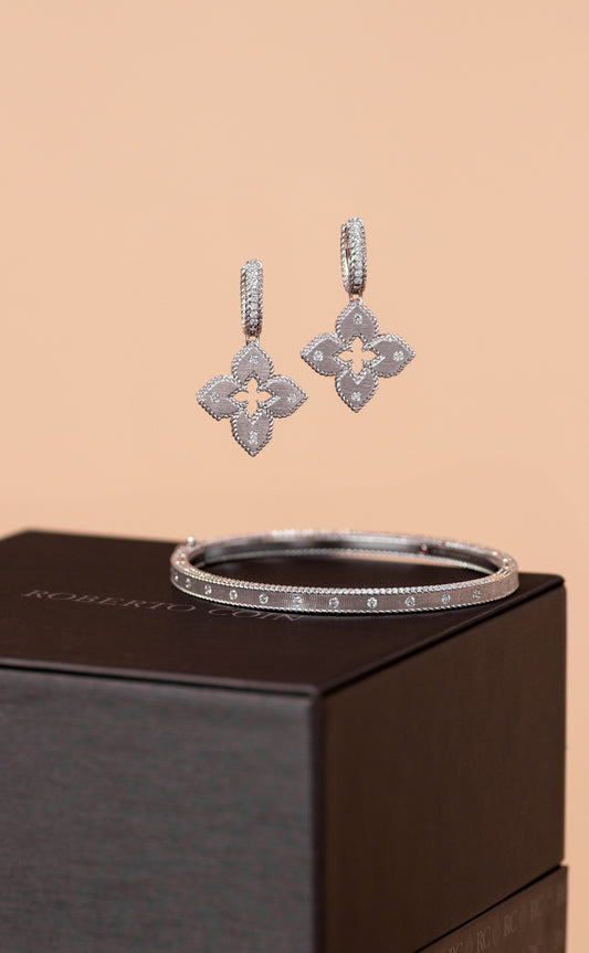 Roberto Coin Princess Flower White Gold Earrings and Bangle