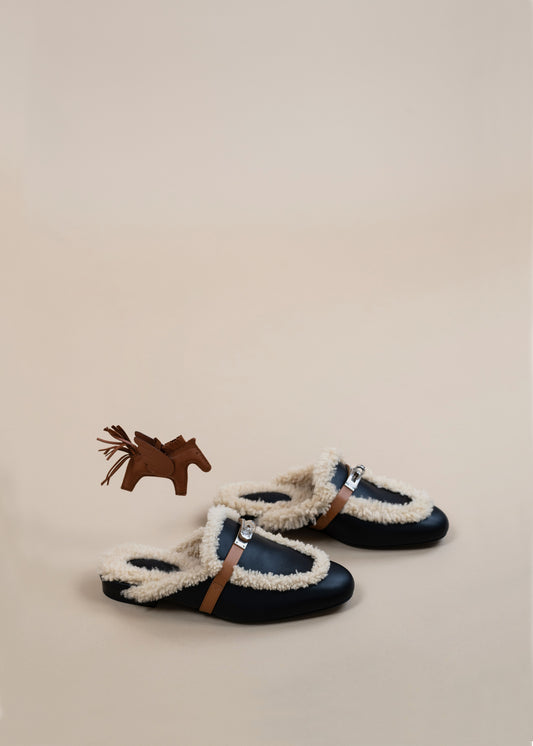 Hermès Shearling Black Oz Mule PHW