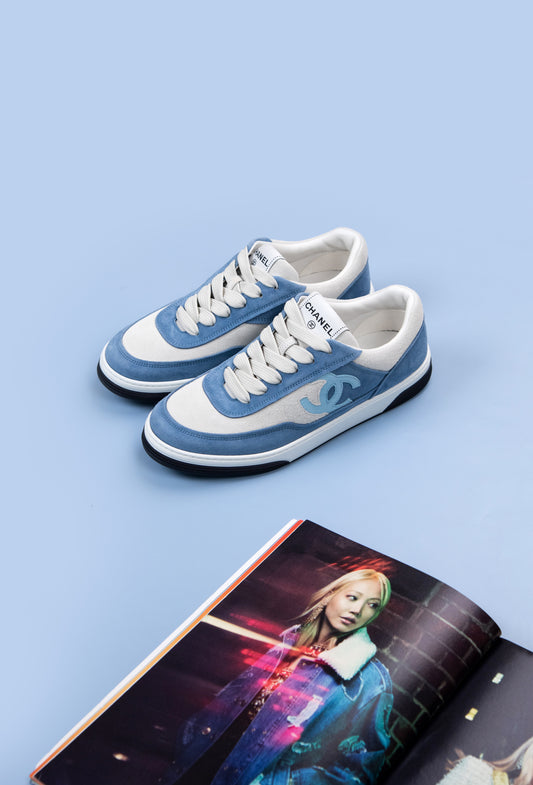 Chanel CC Sneakers in White/Light Blue