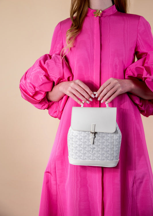 Oscar De La Renta Embellished Gathered Moire Pink Kaftan & Goyard Alpin Mini White Backpack