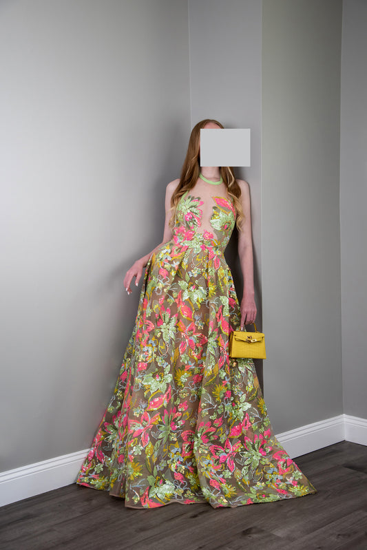 Elie Saab Pleated Sequined Tulle Halterneck Gown