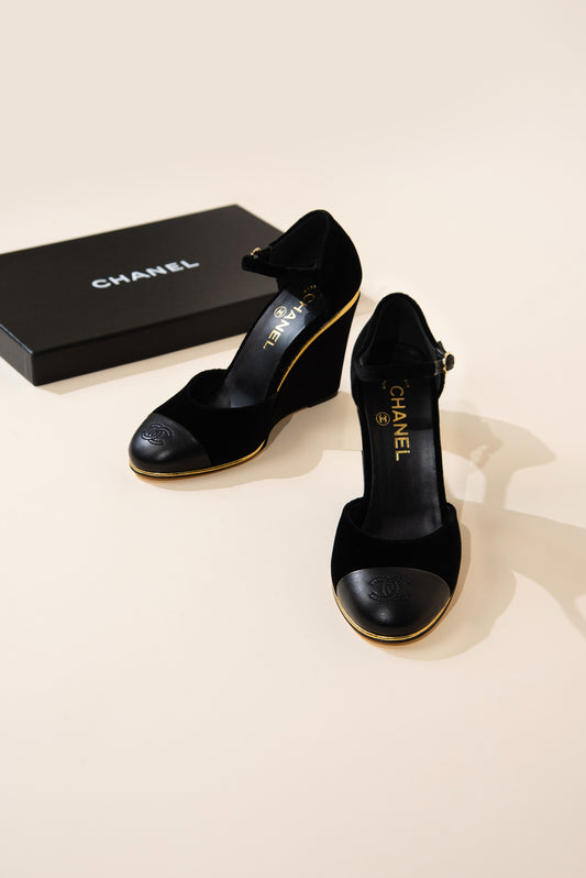 Chanel Black Velvet CC Wedge