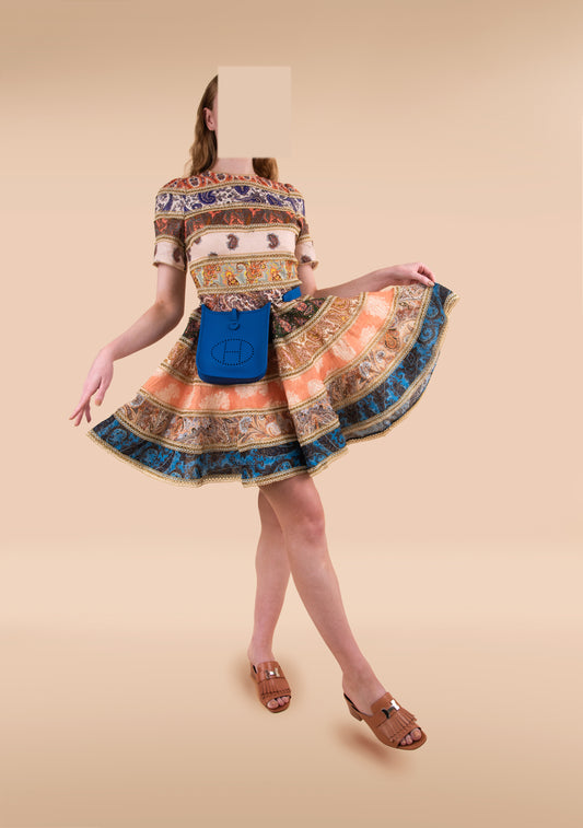 Hermès Mini Evelyne in Blue France with Zimmermann Devi Spliced Mini Dress