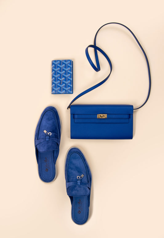 Goyard Saint-Pierre Sky Blue Card Wallet / Hermès Kelly To Go in Blue Electrique & Loro Piana Babouche Charms in Blue Space
