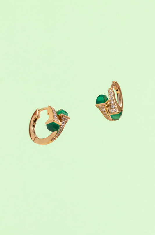 Marli Cleo Yellow Gold Diamond Huggie Earrings in Green Agate