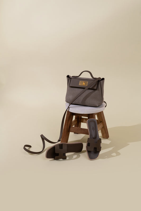 Hermès Mini 24/24 Grizzly Etoupe with Oran Etoupe Sandals