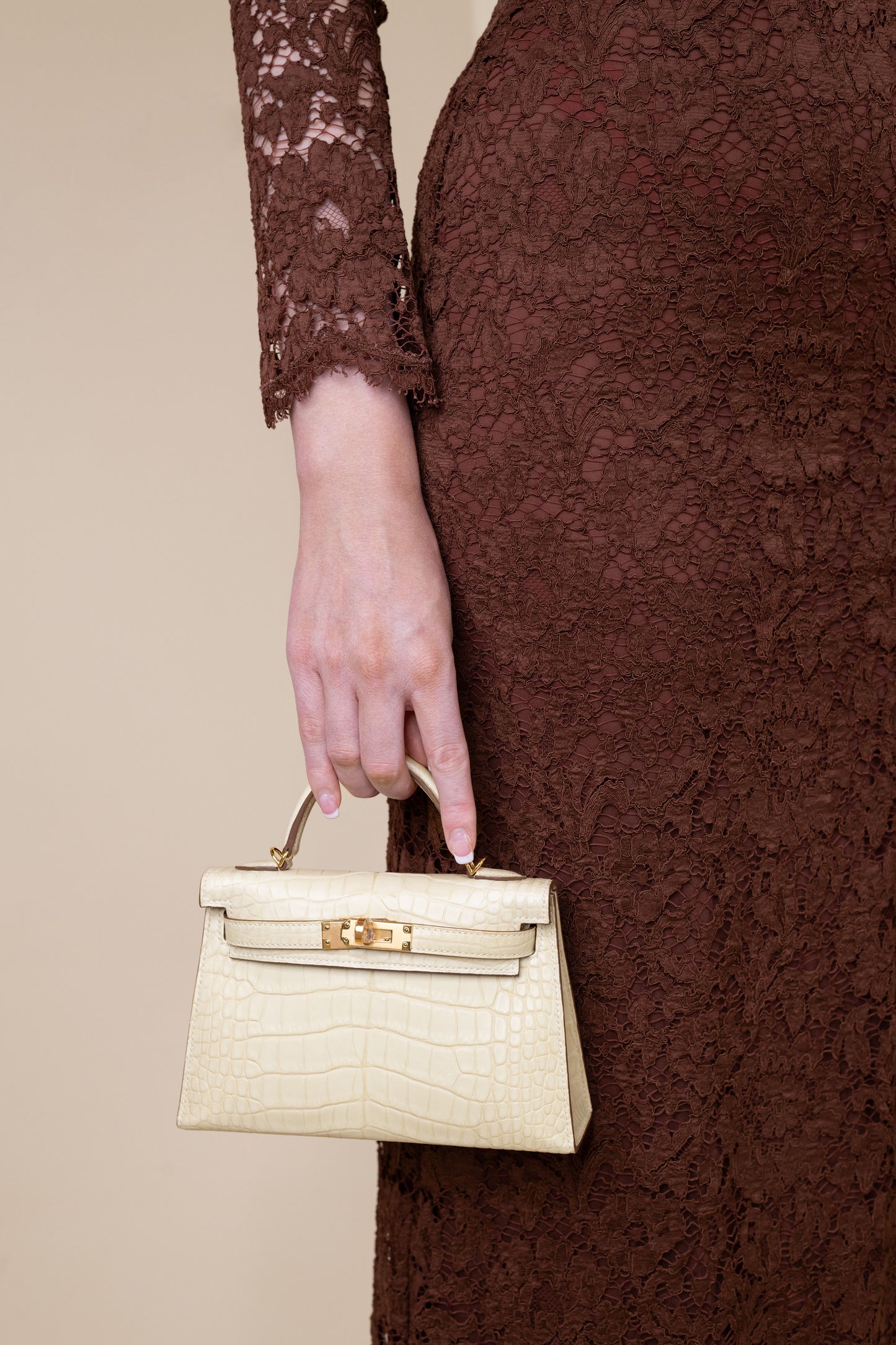 Valentino Embellished Corded Lace Brown Dress & Hermès Mini Kelly Matte Alligator Vanilla GHW