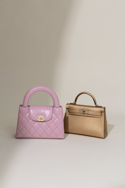 Chanel Top Handle Bag in Light Pink & Hermès Mini Kelly 20 Chevre Metallic Gold PBHW