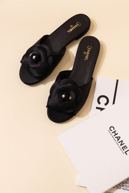 Chanel Black Satin Rose Sandals