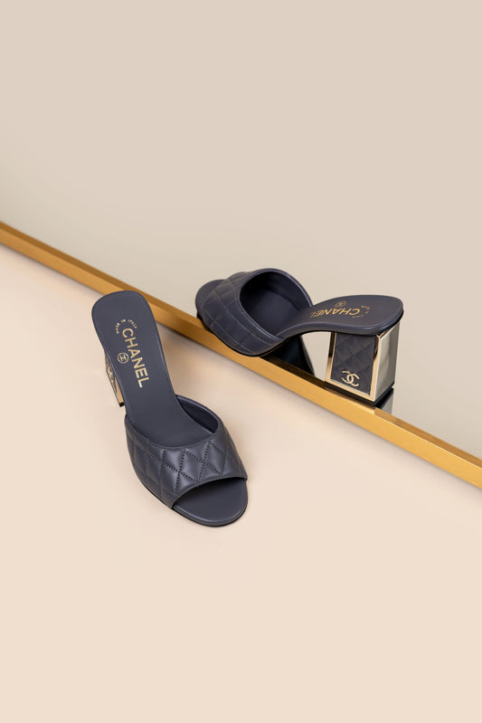 Chanel Grey Lambskin Mules