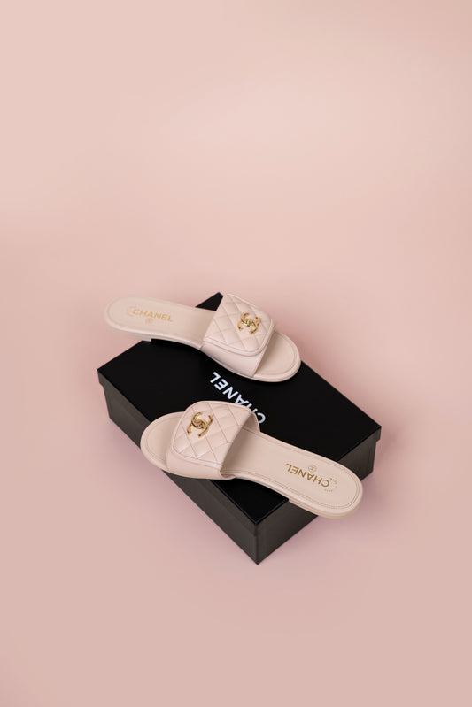 Chanel Beige CC Flat Sandals