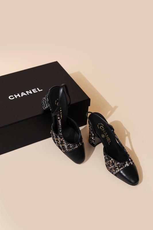 Chanel Black Tweed Sequin Slingback