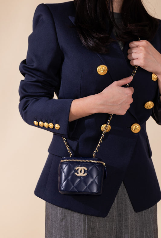 Chanel "Charming Buttons" Navy Vanity Case with Chain