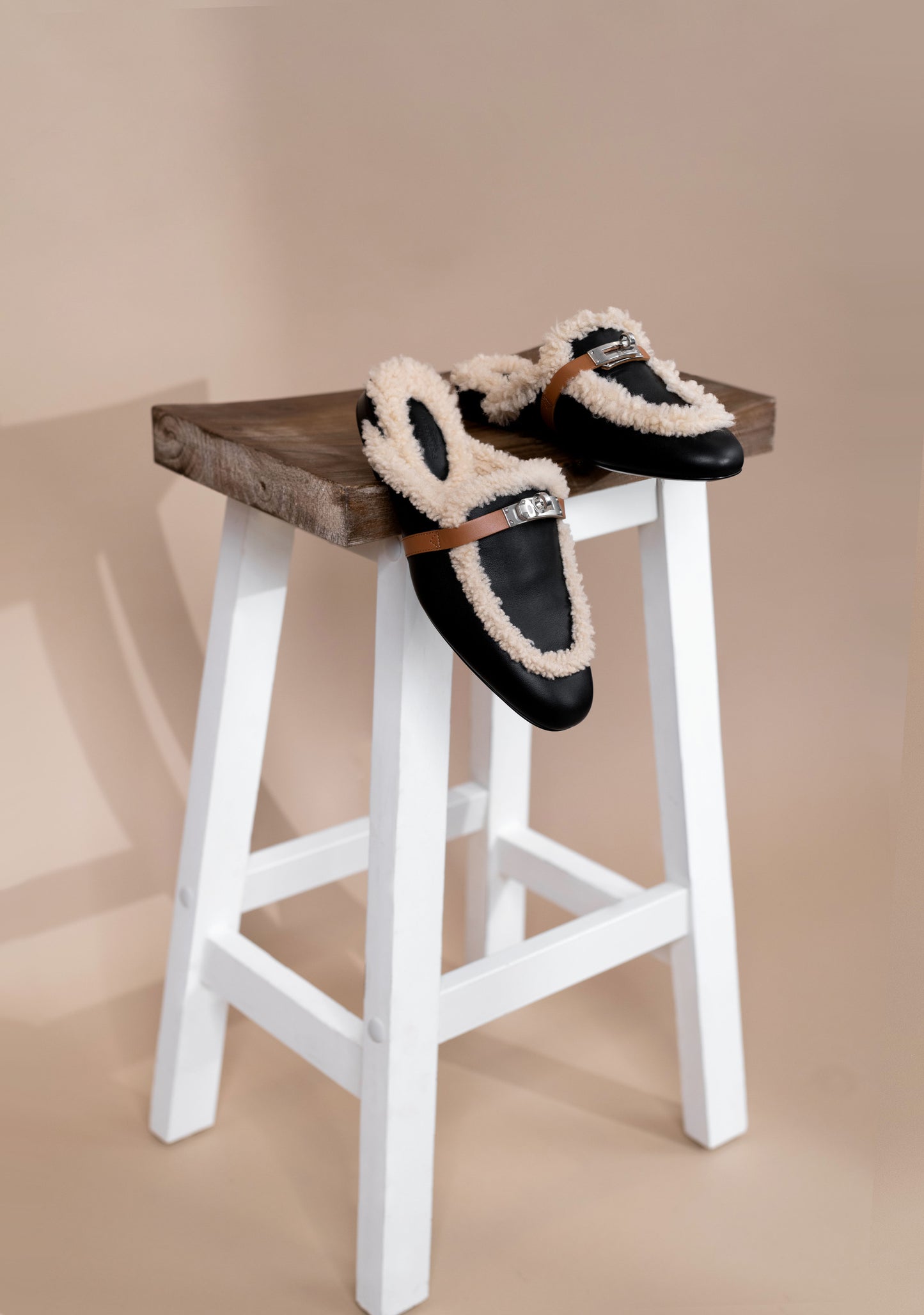 Hermès Shearling Black Oz Mule PHW