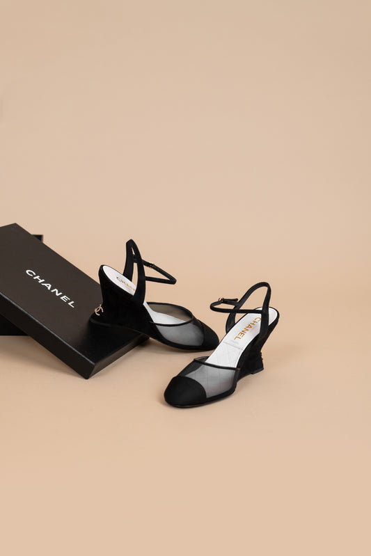 Chanel Black Mesh Wedges