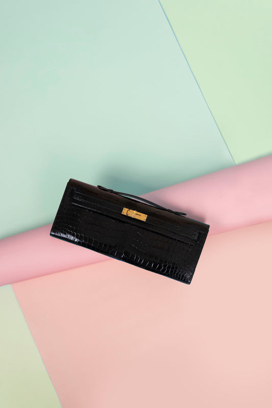 Hermès Black Kelly Cut in Shiny Crocodile GHW